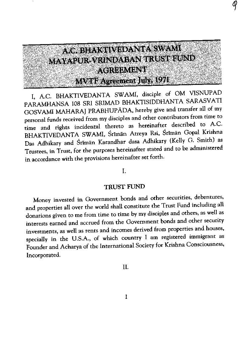 Mayapur-Vrindaban Trust Fund Agreement